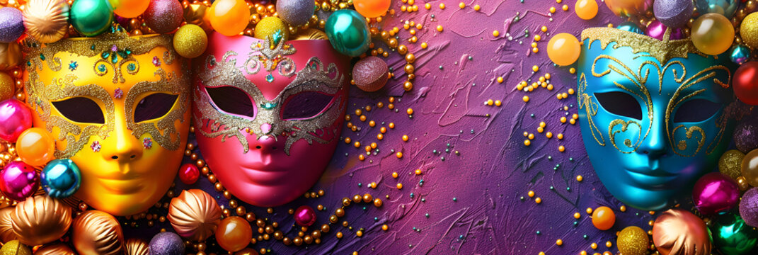  Mardi Gras Treats food and drinks in purple green,
colorful feathers on a purple background of carnival masks