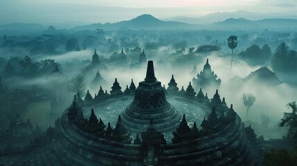 Borobudur Temple in the middle of a cloudy island AI Generated