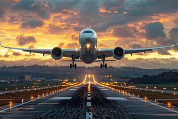Airplane taking off from the airport. Passengers airplane landing to airport runway in beautiful sunset light, silhouette of modern city on background Airplane in the sky at sunrise or sunset - obrazy, fototapety, plakaty