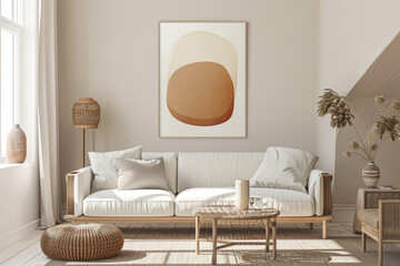 Modern Scandinavian living room with white sofa, coffee table and framed abstract painting on the wall. The room is bright with a comfortable atmosphere