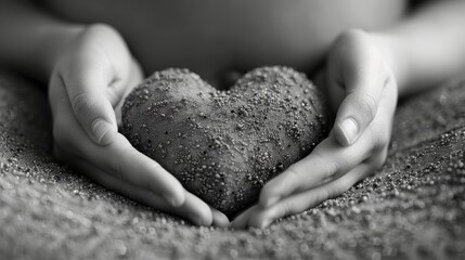 black and white photo of woman's hands holding heart shape on black background