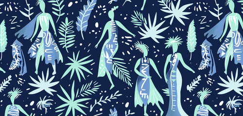 Icy blue tribal figures on midnight canvas, serene for bedding and attire.