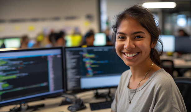 Young programmer. Computer science, monitor, machine language, learning, artificial intelligence. Sparkling mind, smiling girl in the office. Banner size, advertising, motivation.