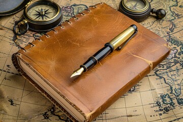 A pen is sitting on top of a leather bound book