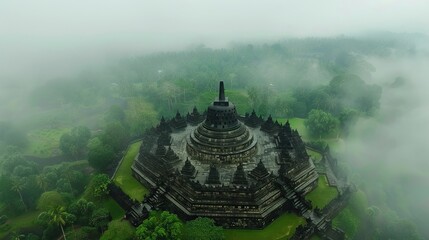 Borobudur Temple in the middle of a cloudy island AI Generated