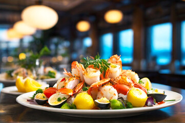 restaurant food with a seafood menu, in a luxurious room, delicious seafood