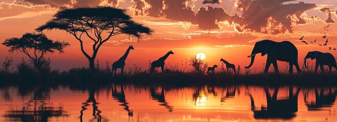 African Wild Animals Silhouettes Against A Sunset. Africa day. World Wildlife Day. World Animal Day. Copy Space © Otseira