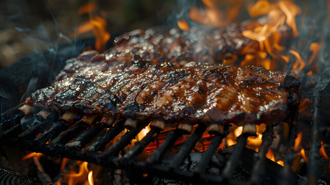 an outdoor photograph of a tasty delightful cow ribs on spit ground fire. ready to be served