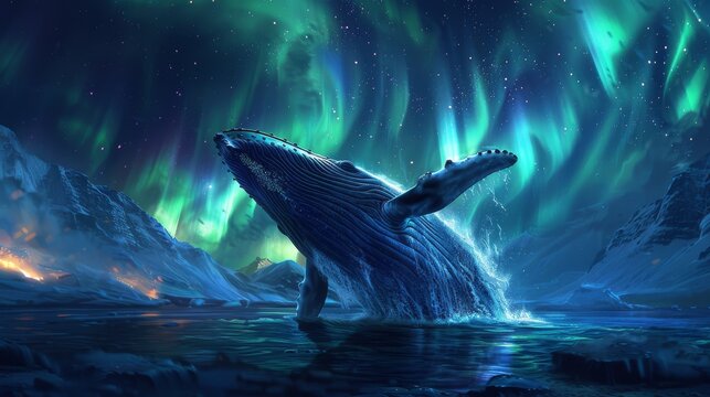 A humpback whale jumping out of the water with the Aurora Borealis in the background.