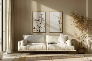 Contemporary Scandinavian living room with minimalist design elements, featuring a sleek sofa, minimalist decor and floral design posters on a beige wall