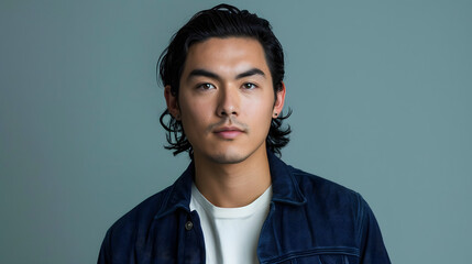 an young native american man with black hair. wearing white tshirt and dark blue jacket standing in front of flat background 