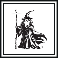 Wizard silhouette with staff clipart on a white background