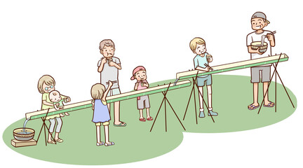 流しそうめんを家族で楽しむ