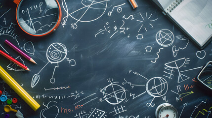 Back-to-school theme with a chalkboard surface and doodles of mathematical symbols and icons. suitable for online teaching or classroom composition concepts