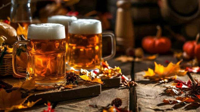 Two mugs of beer are on a wooden table with autumn leaves scattered around them