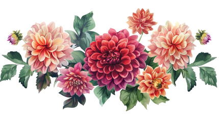 dahlias flowers clipart watercolor isolated on white or transparent background png cutout