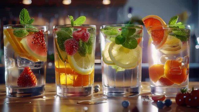 Four glasses of fruit juice with a variety of fruits in them