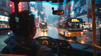 A bus driver navigating through the bustling city traffic