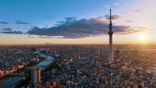 Tokyo sky tree, Tokyo city and Sumida river. Colorful morning scene of Japan, Asia. Traveling concept background.	