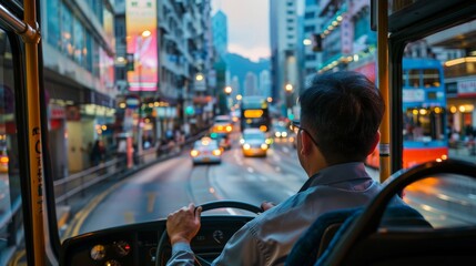 Naklejka premium A bus driver navigating through the bustling city traffic