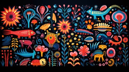 An illustration featuring a colorful circular composition of animals, flowers, and small shapes in the style of irregular organic forms inspired by the traditional oceanic art