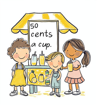Children at a lemonade stand selling homemade lemonade, cheerful entrepreneurial spirit, suburban street