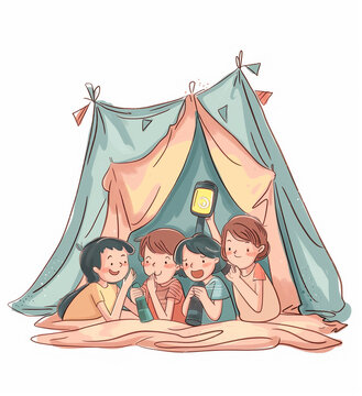Group of kids at a sleepover telling ghost stories, spooky fun, indoor nighttime setting