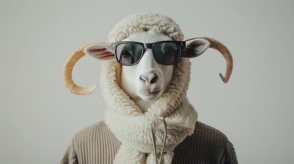 sheep head wearing sunglasses on the human body of a man wearing winter Clothes on white background - Arabic translation AI Generated