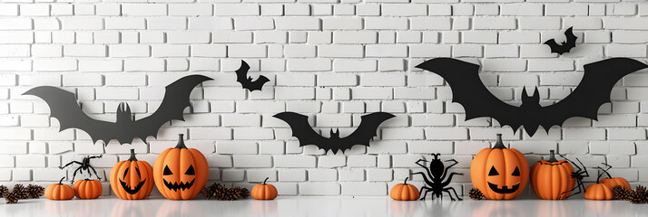 Black bat cutouts on white brick wall with pumpkins and spider isolated on background banner. Halloween concept with copy space 