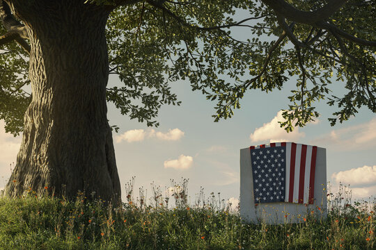 American flag laying on gravestone at the peaceful flower meadow next to oak tree to remember the memorial day. 3D Rendering