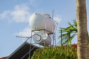 Boiler for solar water heating on the roof of the house
