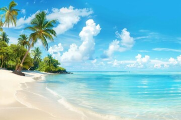Beautiful beach with white sand, turquoise ocean, green palm trees and blue sky with clouds on Sunny day. Summer tropical landscape, panoramic view. generative ai.