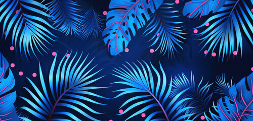 Dynamic tropical atmosphere in vector, with blue palms and pink dots on navy.