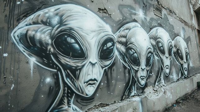 painted aliens on a gray wall graffiti style