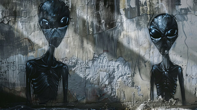 painted aliens on a gray wall graffiti style