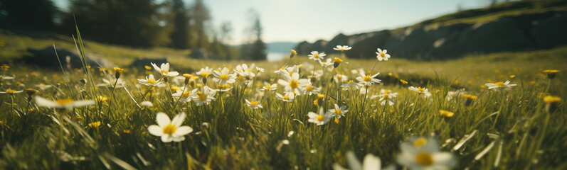 Serene meadow blooms: a close-up of spring flowers basking in warm sunshine. Dainty white flowers flourish in a lush meadow, bathed in the golden glow of a springtime sunrise