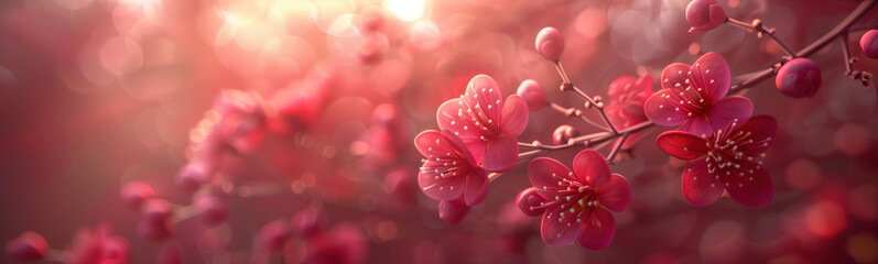 Enchanted springtime blossoms bathed in soft sunlight as day fades to dusk. A captivating display of springtime flowers softly illuminated by the warm glow of a setting sun