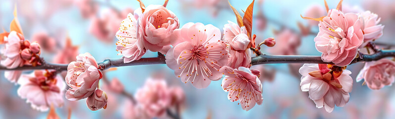 Whispers of spring: Up close, a slender branch bursting with delicate pink flowers stands out against a soft background. Each bloom is a symbol of natures renewal and beauty