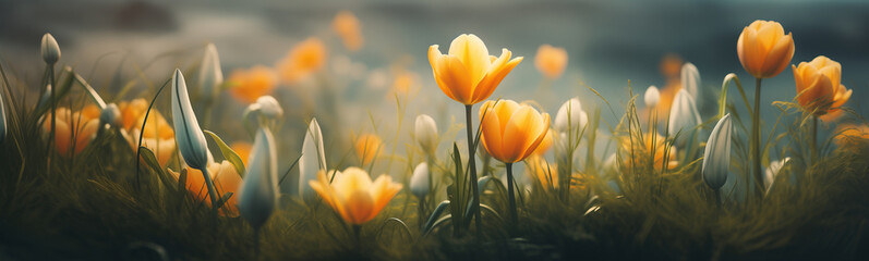 Enchanted spring garden: a dance of tulips in the golden evening light. A serene view of vibrant tulips swaying in the warm glow of a spring evening
