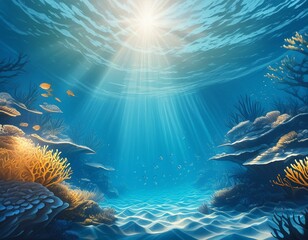 Fototapeta na wymiar Beautiful blue ocean background with sunlight and undersea scene