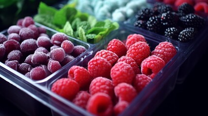 raspberries and blueberries in a box. generative ai