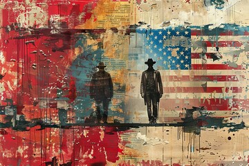 American history with collage-style elements, including silhouettes, the American flag, and textured background - Independence Day, cultural diversity, and artistic expression - Generative AI