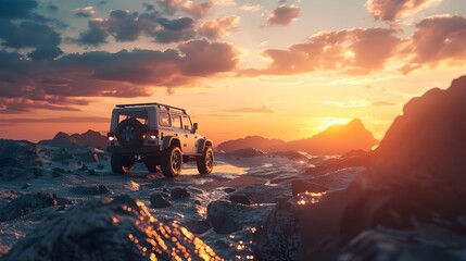 Rugged High-Performance SUV Embarking on Off-Road Adventure at Sunset Landscape - obrazy, fototapety, plakaty