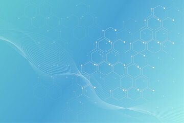 Abstract blue background with connecting hexagons,dots and wave lines