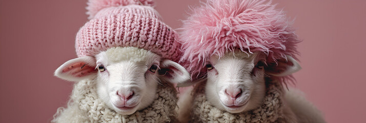 Two sheep against a pink background ,
White sheep wearing funny hats against a white background
