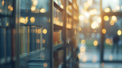 Close up of bookshelves in a modern library. with a blurred background through glass windows and soft lighting