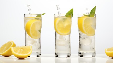 Three Glasses of Ice Cold Lemon Water with Mint Leaves on a White Background