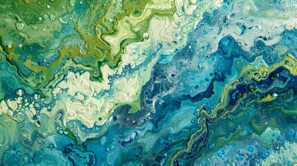 Fototapeta premium Ripples of textured greens and blues blend seamlessly creating a sense of depth and movement like that found in a coral reef..