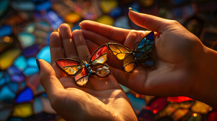 Closeup of two hands clutching three sizable pieces of stained glass shaped like the butterfly symbol.  - obrazy, fototapety, plakaty