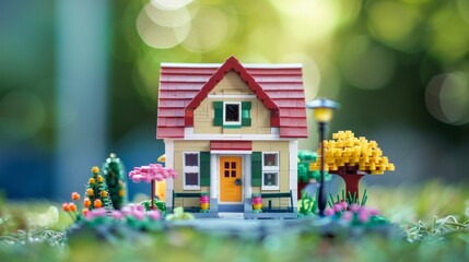 a real photography of miniature of a house made of Lego in fun theme color